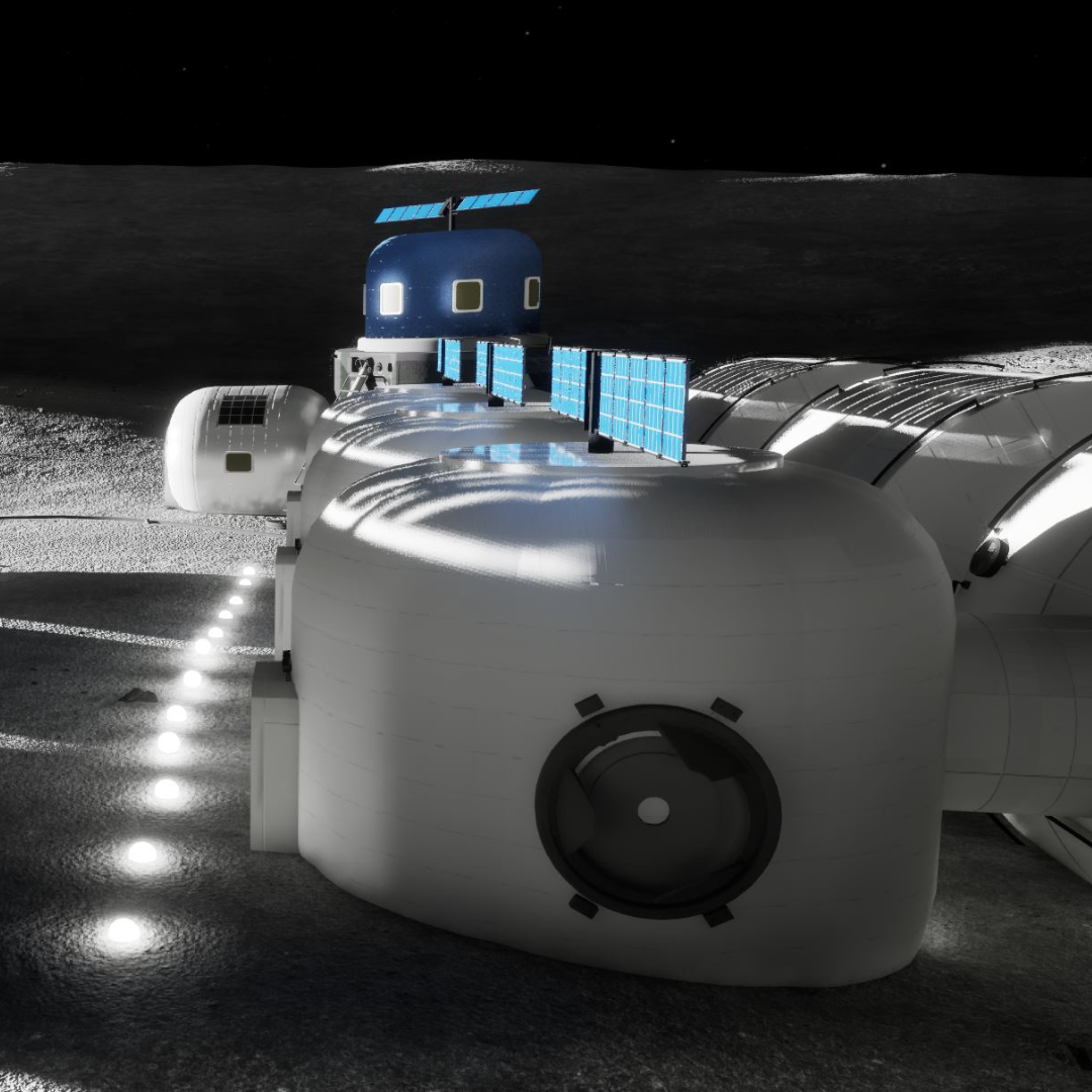 futuristic render of lunar habitats on the moon