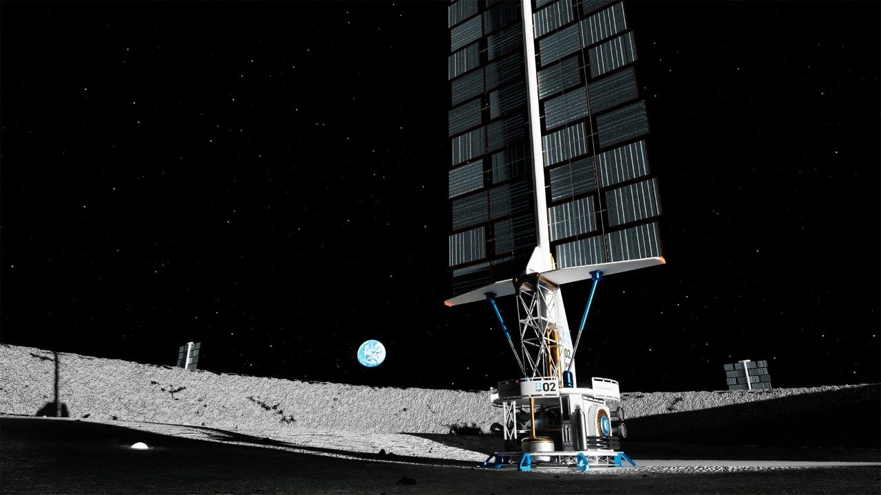 Image render of Lockheed Martin's fission surface power station on the surface of the Moon with the Earth rising above the horizon.